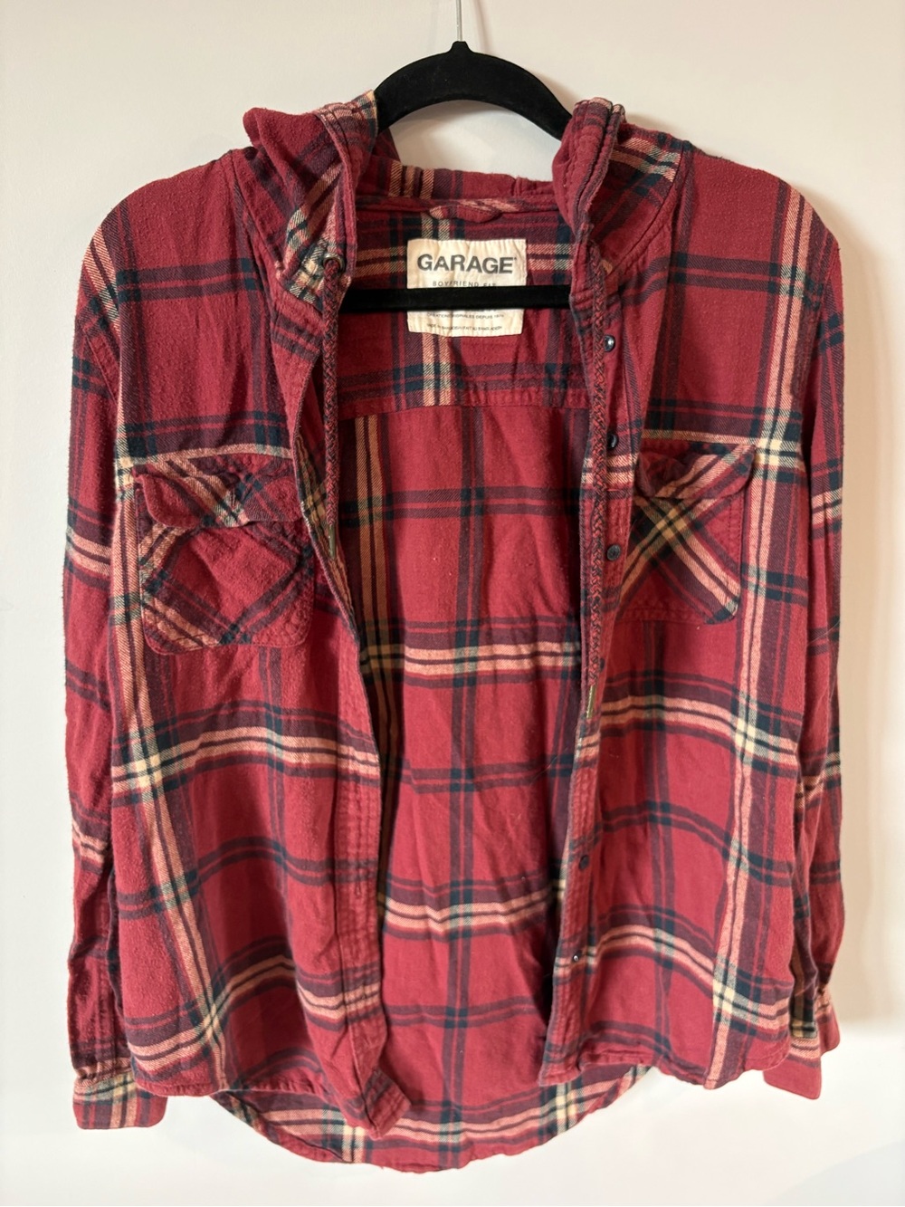 Red Plaid Hooded Button-Down Shirt